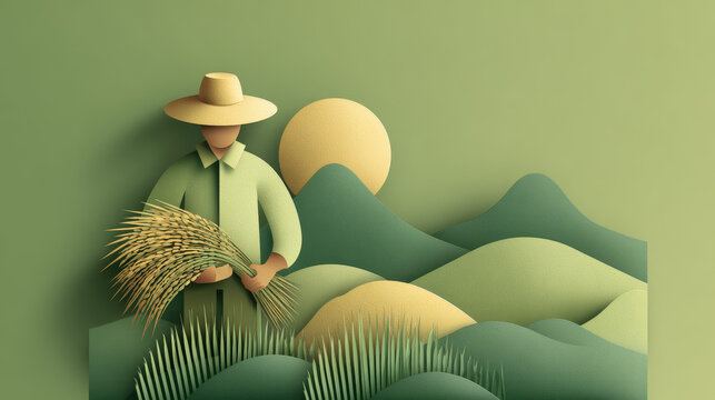 flat design ilustration of an asian  farmer in harvest