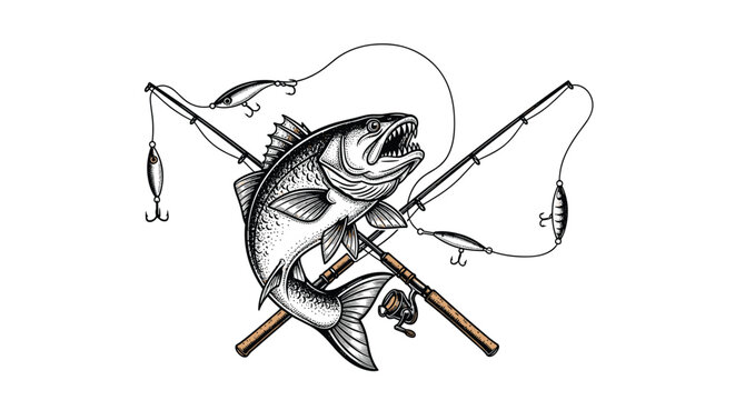 Predatory game fish leaping between two crossed fishing rods and sharp bait lures in a detailed vintage sketch.