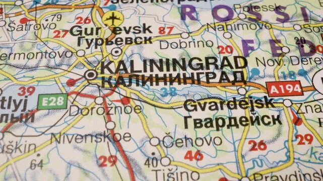 Gliding view over map from Olsztyn, Poland to Kaliningrad, Russia