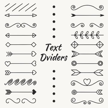 Complete vector collection of text dividers and line separators featuring arrows geometric shapes and floral elements for professional document design and creative stationery branding layout works.