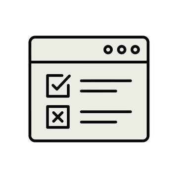 Simple web browser window with checklist and crossmark isolated on white background icon