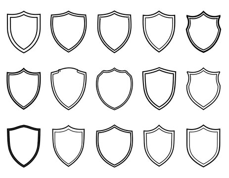 A collection of 15 black and white shield icons in various line styles