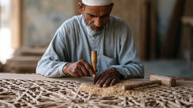 Pakistani woodworker hand-carving a geometric lattice window screen using chisels and a mallet in a Lahore workshop, golden sawdust, South Asia architectural craft, jali screen