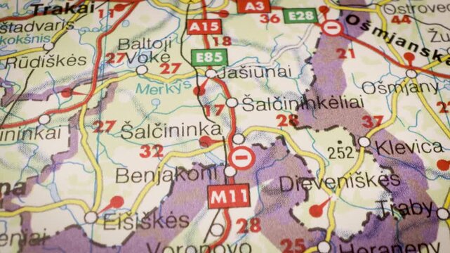 Flyover map animation connecting Lida, Belarus with Vilnius, Lithuania