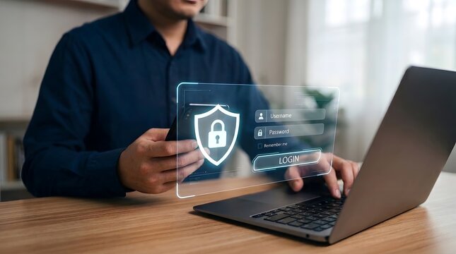 Man using laptop and phone for secure online login, showing digital shield and password entry interface for data protection.