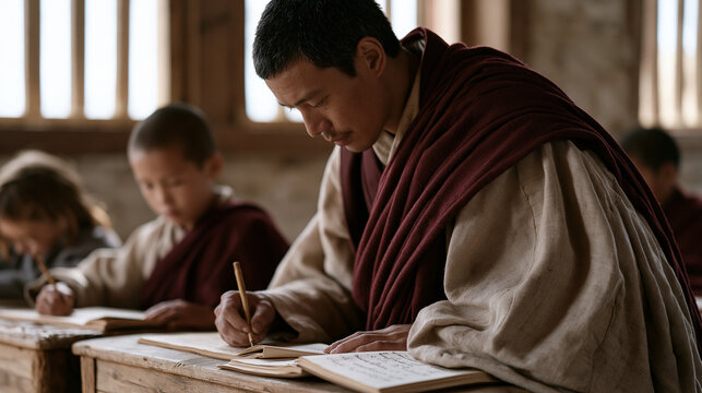 Tibetan monk supervising children practicing handwriting Tibetan script at low wooden desks, monastery classroom, afternoon light through latticed windows, cultural preservation