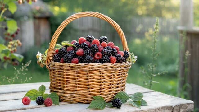 Fresh ripe blackberries and raspberries in a wicker basket on wooden table outdoor summer garden