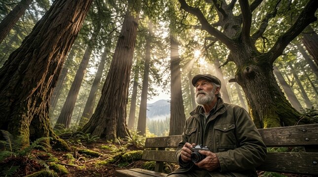 Senior man with camera in redwood forest