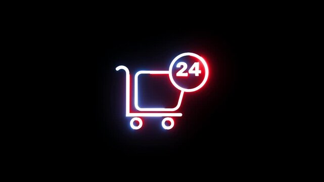 Neon shopping cart icon with twenty four hour availability sign flashing on black background.