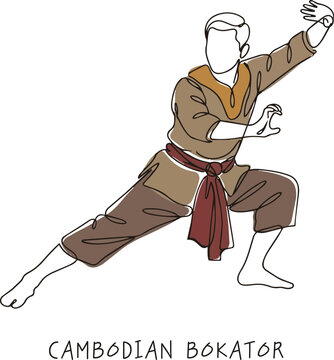 Continuous Line Art Vector of Cambodian Bokator Martial Arts Fighter