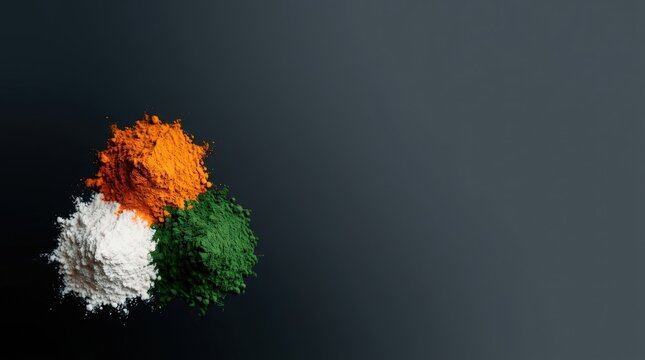 India's independence day concept vibrant saffron white and green powder arrangement on dark backdrop