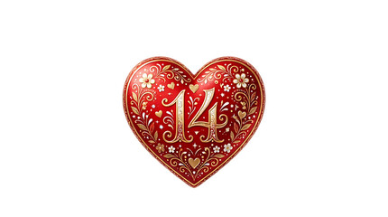 Fototapeta premium Intricate red heart with '124' inscription gold floral details isolated on transparent background for valentine's day designs