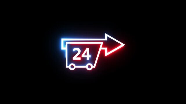 Neon glowing shopping cart icon with arrow indicating twenty four hour service availability.