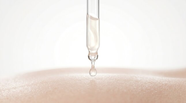 Macro shot of cosmetic pipette dropping essence liquid onto flawless smooth human skin.