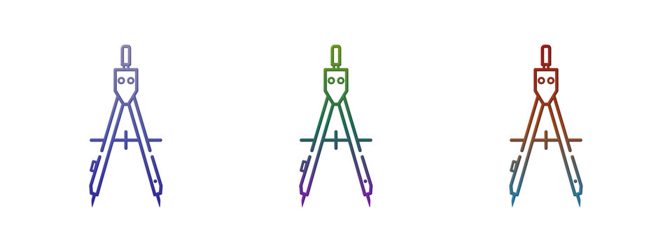 Three colorful compass tools for drawing circles and geometry