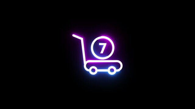 Neon shopping cart icon with number seven glowing against black background digital motion.