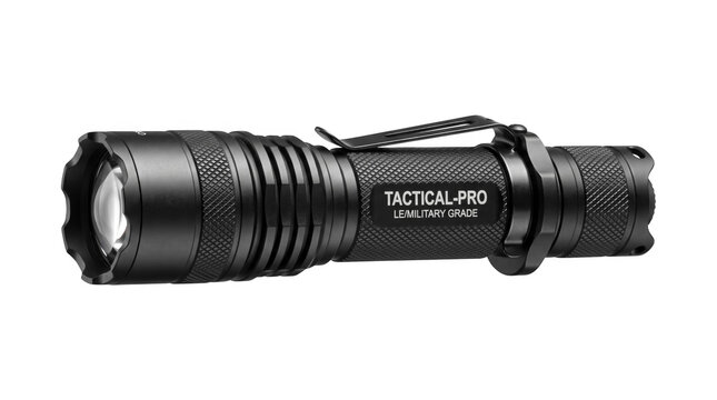 Black tactical military grade led flashlight torch police officer equipment isolated transparent png white isolated on transparent background png