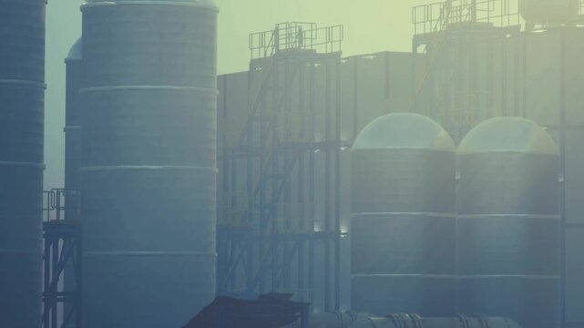 Tall silos and storage tanks are present in a manufacturing site. Fog covers the area, and it is early morning. The structures are outlined against the mist in the dim light.