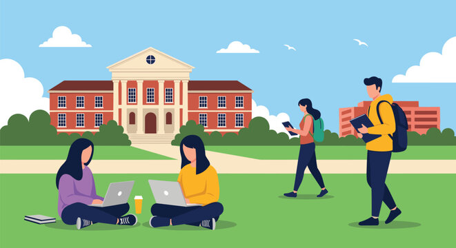 Group of college students using laptops, studying, and walking on the green lawn of a classic university campus.