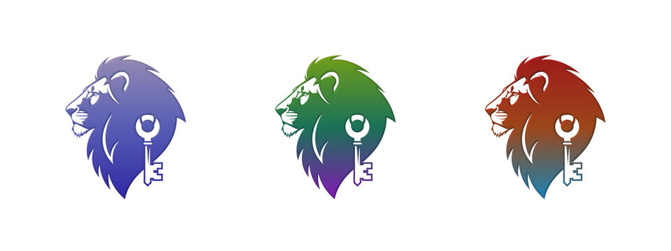 Colorful lion head logo icons with a key symbol