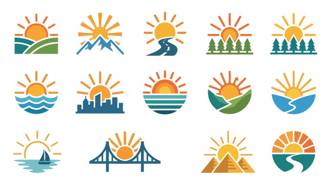 Collection of sun and landscape logos, sunrises, and sunsets over various natural and urban scenes.