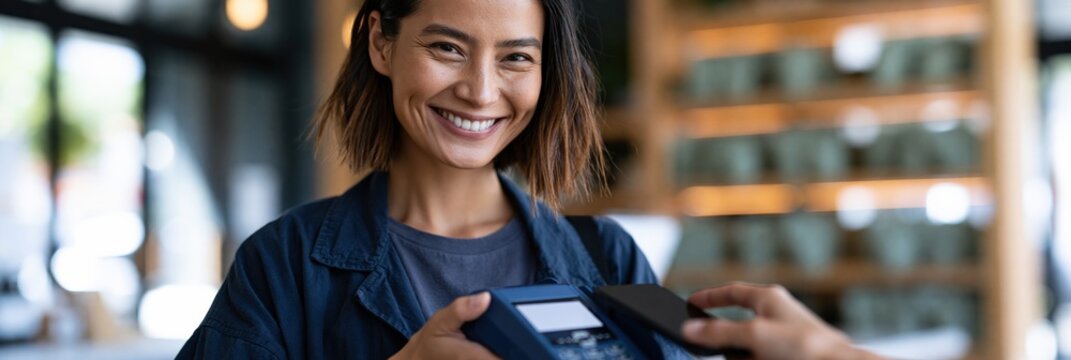 Female assistant smiling while accepting contactless mobile payment at retail counter for customer service background and banner design
