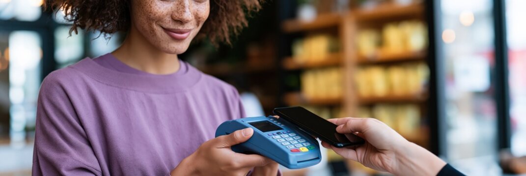 Closeup contactless payment moment with customer tapping phone on card reader for retail poster design