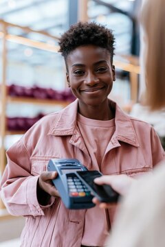 Smiling young female clerk presenting a card reader as customer taps a phone for contactless payment at a fashion store checkout for poster or ad use