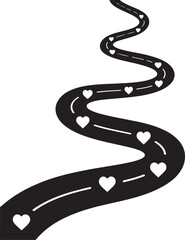 Fototapeta premium Winding road silhouette with heart patterns representing long distance love or romantic journey concept vector illustration on transparent backdrop.