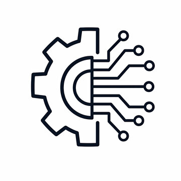 Black line icon of a gear merged with a digital circuit board isolated on white background