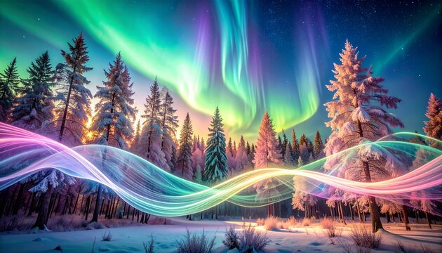 Vibrant Aurora Borealis Over Snowy Winter Forest With Colorful Light Trails