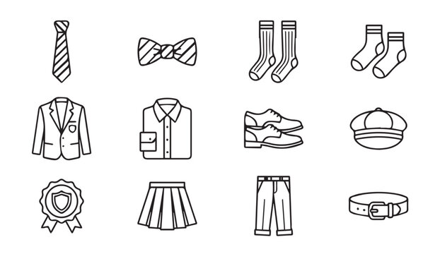 School Uniform Icons with Tie Bowtie Socks Blazer Shirt Shoes Skirt Trousers Cap Belt