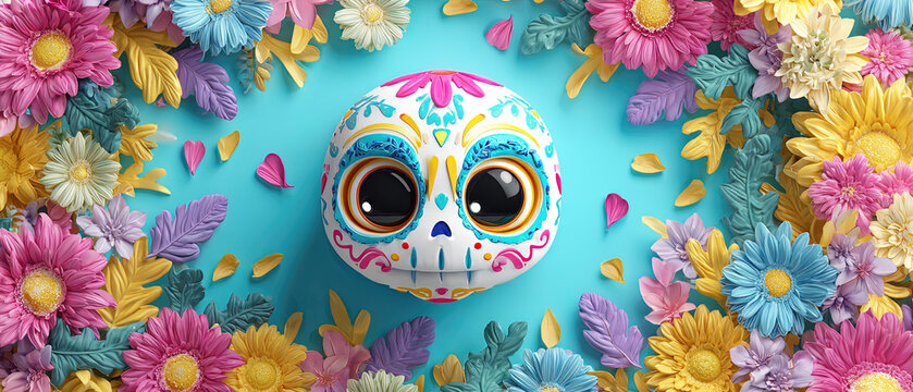 Decorative sugar skull surrounded by vibrant daisies, chrysanthemums, and leaves on a turquoise background, evoking festive and artistic celebration.