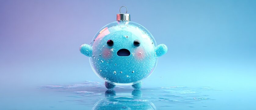 Playful blue ornament with expressive face inside glass sphere on a pastel background, perfect for holiday, winter, or festive themes.