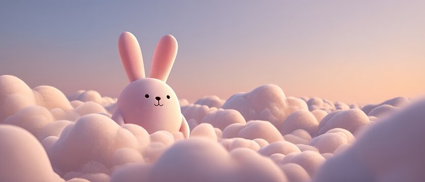 Smiling cartoon bunny sits on fluffy clouds under a soft pastel sky, creating a dreamy, whimsical atmosphere perfect for playful designs.