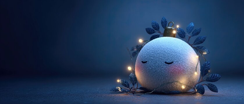 Soft, round ornament with closed eyes, surrounded by fairy lights and blue leaves against a dark, moody background. Warm holiday atmosphere.