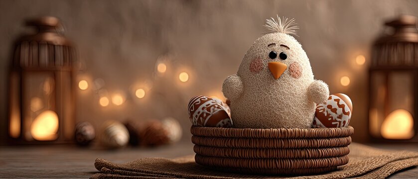 Cute plush chick in a woven basket surrounded by painted Easter eggs, warm bokeh lights, and rustic wooden background for festive celebrations.