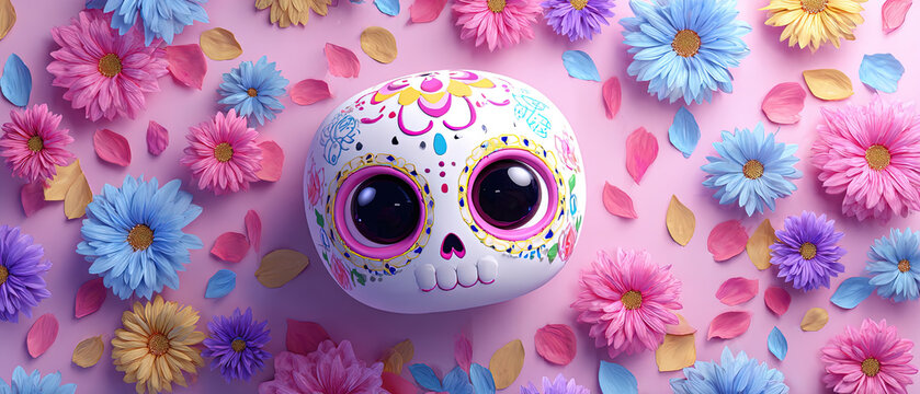 Decorative sugar skull with vibrant floral arrangement on pink background. Bright colors evoke festive, cheerful Dia de los Muertos celebration.