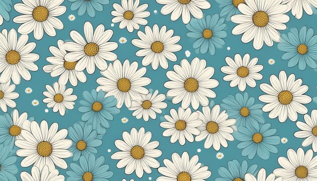 seamless pattern with retro style white daisy flowers decoration on pastel blue background