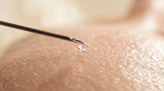 Macro close-up of hypodermic needle tip with liquid drop touching human skin.