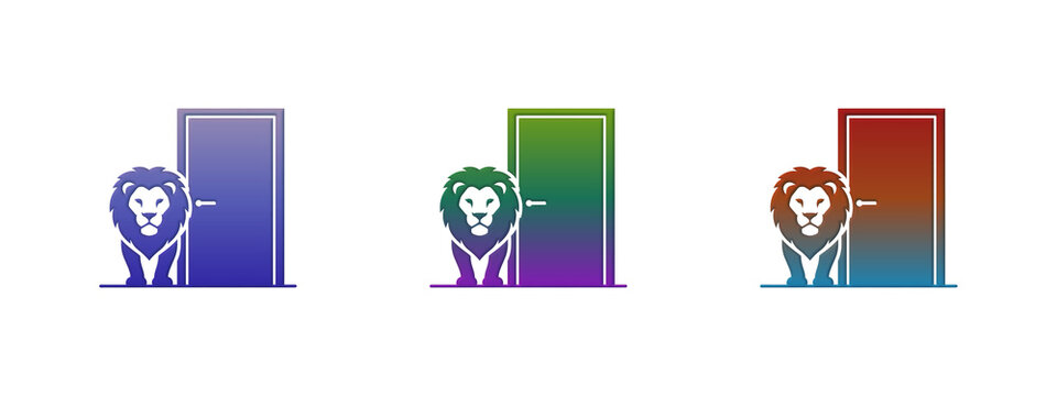 Lion mascot standing next to a closed door logo
