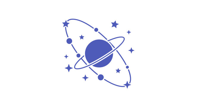 A minimalist blue icon depicting a planet with rings and orbiting moons in space