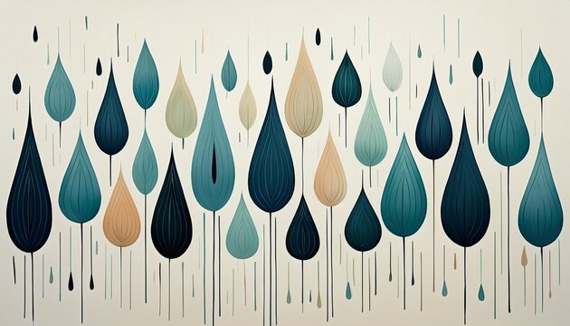 abstract mid century style colorful raindrops pattern in beige grey light blue navy blue black green turquoise colors on white background