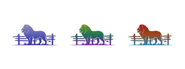 Colorful lion icons standing by a wooden fence © MDBodrul