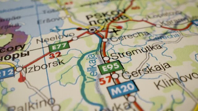 Map animation following the highway to Pskov, Russia