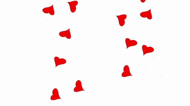 Red hearts drift gently against a stark white backdrop. Soft motion suggests gentle affection or celebration. Perfect for romantic themes or festive designs
