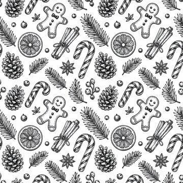 Black and white hand drawn christmas pattern with holiday cookies isolated on white background