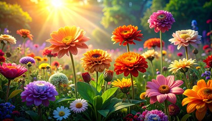 Fototapeta premium A breathtaking tapestry of colorful summer flowers blooming vibrantly in a sun-drenched garden, showcasing nature's radiant beauty under a warm, glowing sky