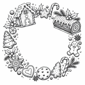 Black and white floral wreath illustration with hand drawn flowers isolated on white background