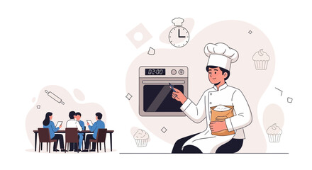 Fototapeta premium Chef teaching baking class online: professional baker demonstrates recipe with oven and flour bag to students using tablets.